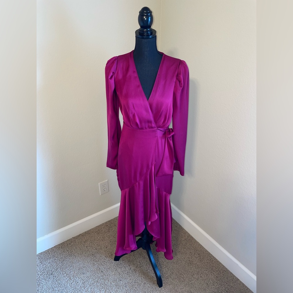Express, size XS, magenta, wrap-around, floor-length, long-sleeve dress